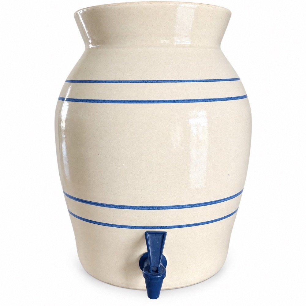 Vintage Water Crock Dispenser Cream Blue Striped Stoneware